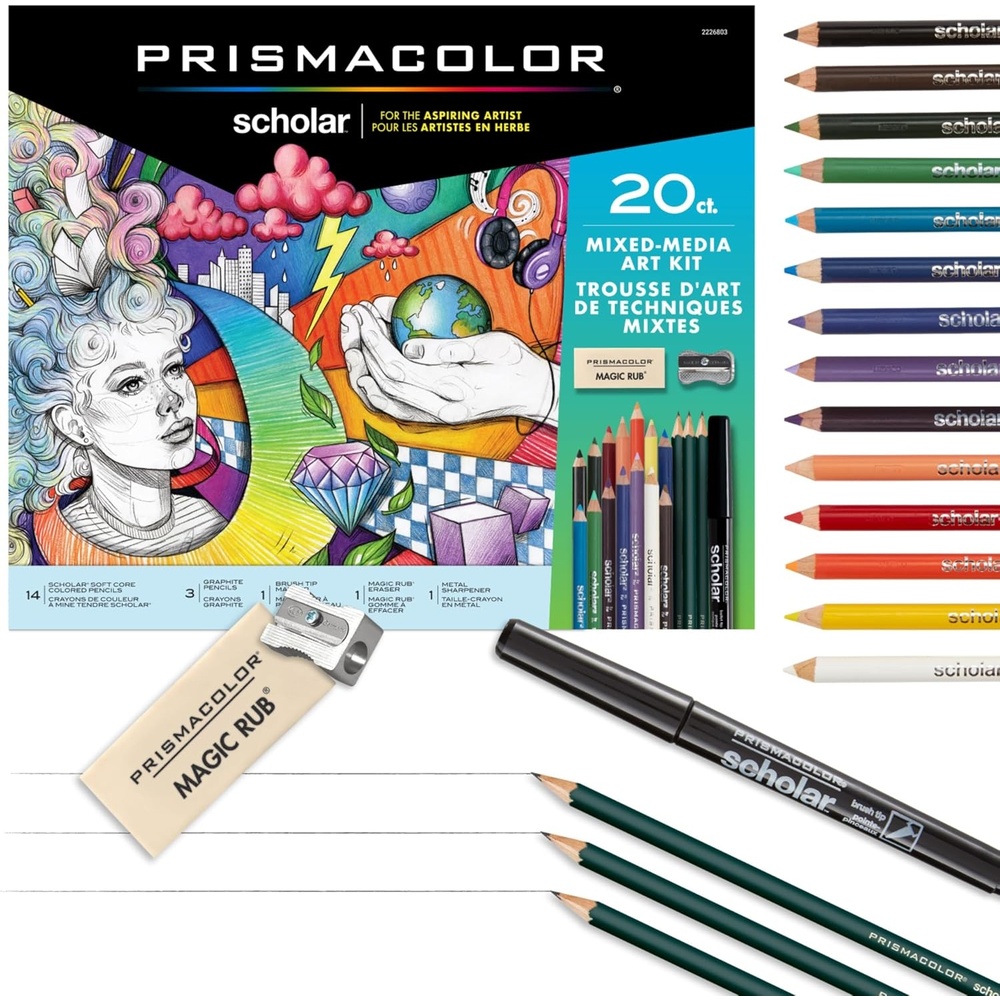 Prismacolor Scholar Mixed Media Art Set, Art Supplies Including Colored Pencils, Brush Tip Markers, Graphite Pencils, 20 Count
