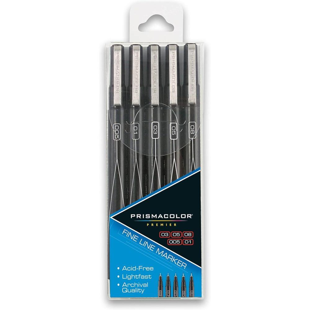 Prismacolor 14171 Premier Fine Line Illustration Markers, Assorted Fine Tips, Black, 5-Count(5 Count (Pack of 1))
