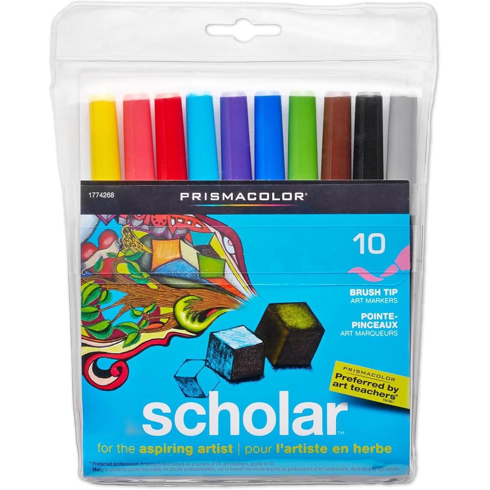 Prismacolor 1774268 Scholar Art Markers, Brush Tip, Assorted, 10-Count(10-Count)