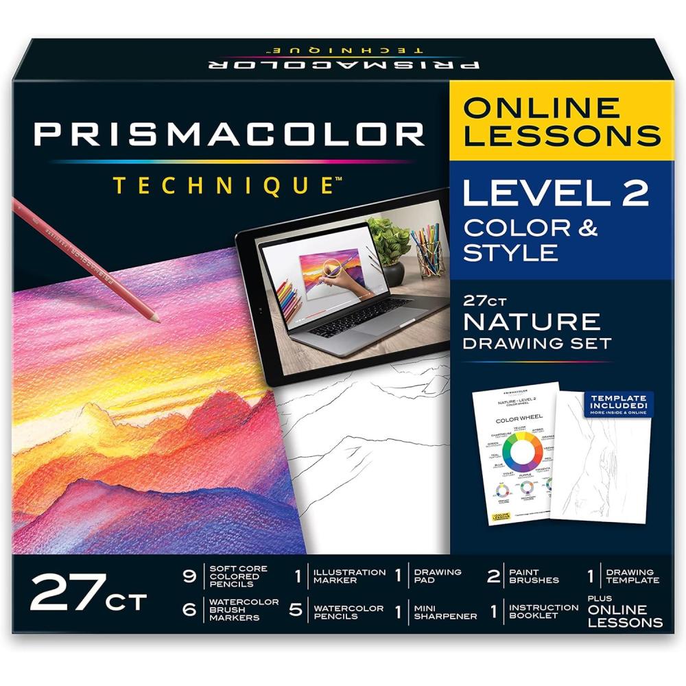 Prismacolor Technique Art Supplies and Digital Art Lessons Nature Drawing Set Level 2 Watercolor Pencils Brush Markers and More Sunset Landscape Drawing 27 Count(1 Count (Pack of 27))