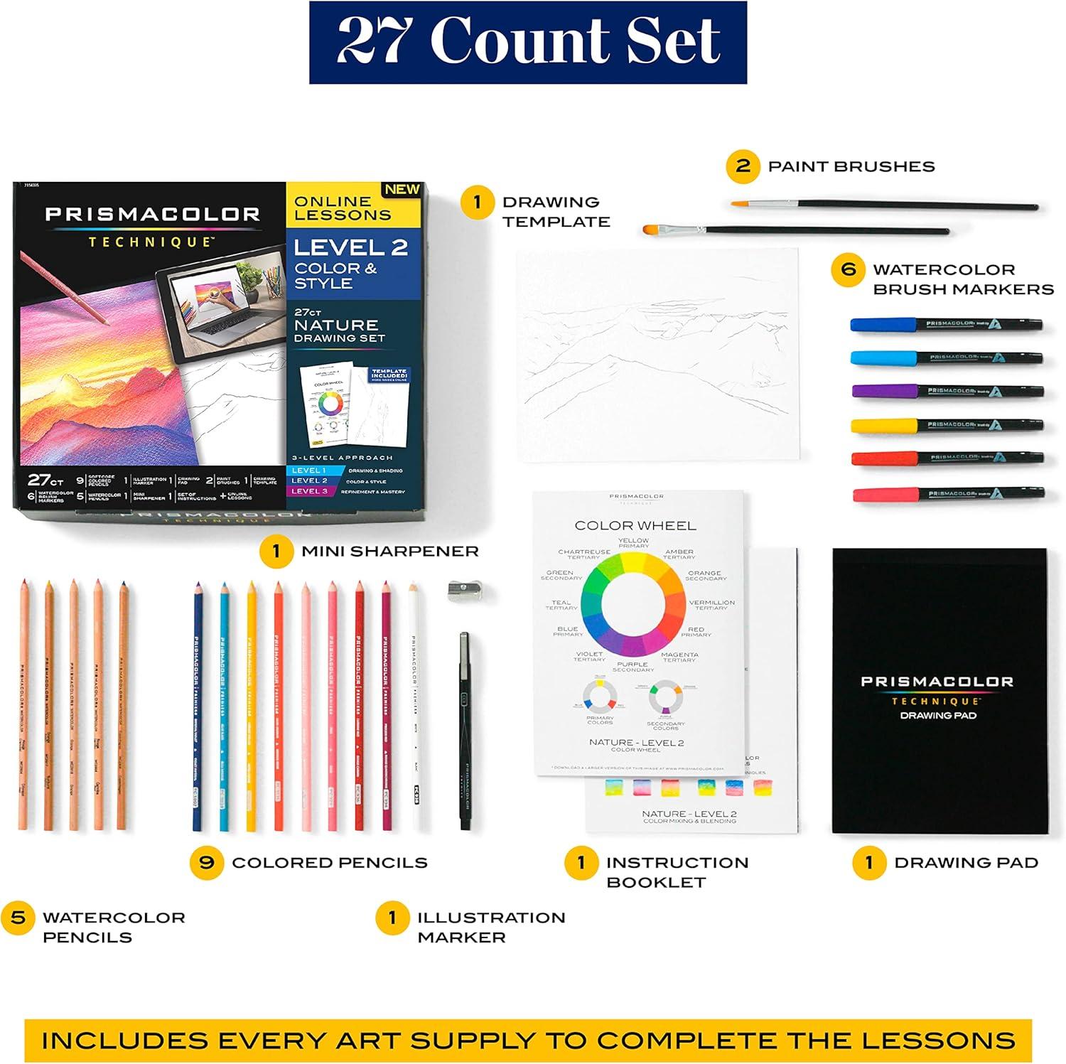 Prismacolor Technique Art Supplies and Digital Art Lessons Nature Drawing Set Level 2 Watercolor Pencils Brush Markers and More Sunset Landscape Drawing 27 Count(1 Count (Pack of 27)) - view 4