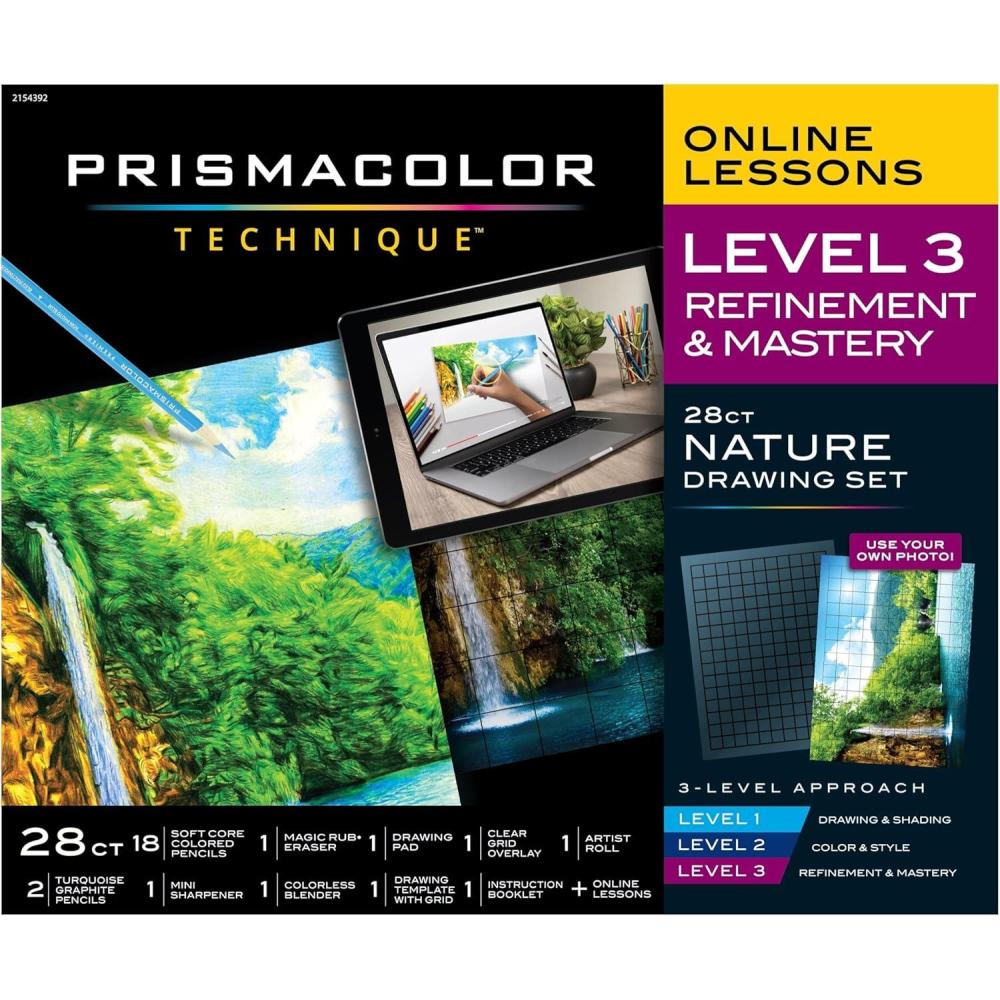 Prismacolor Technique, Art Supplies and Digital Art Lessons, Nature Drawing Set, Level 3, Learn to Draw with Colored Pencils, and More, Includes Artist Roll Case, Waterfall Landscape Drawing, 28 Count