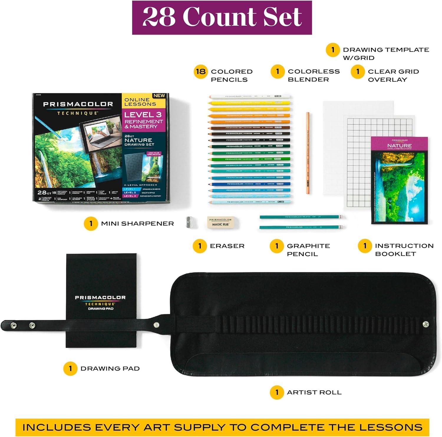 Prismacolor Technique, Art Supplies and Digital Art Lessons, Nature Drawing Set, Level 3, Learn to Draw with Colored Pencils, and More, Includes Artist Roll Case, Waterfall Landscape Drawing, 28 Count - view 4