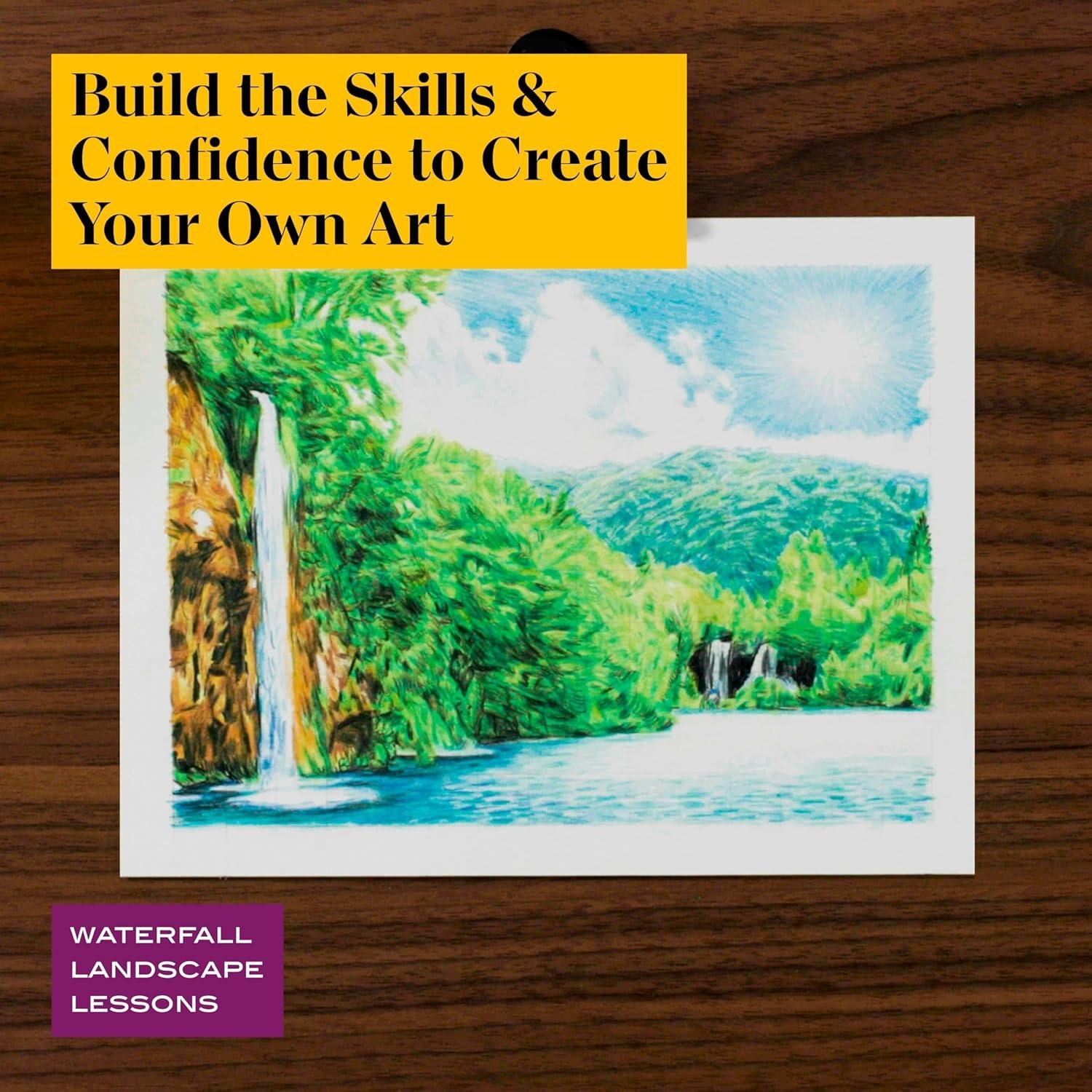 Prismacolor Technique, Art Supplies and Digital Art Lessons, Nature Drawing Set, Level 3, Learn to Draw with Colored Pencils, and More, Includes Artist Roll Case, Waterfall Landscape Drawing, 28 Count - view 5